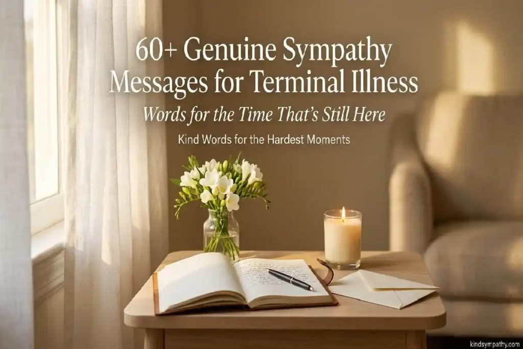 Sympathy messages for terminal illness — open journal with white flowers and candlelight on a pale wood table representing the precious time that remains, kindsympathy.com