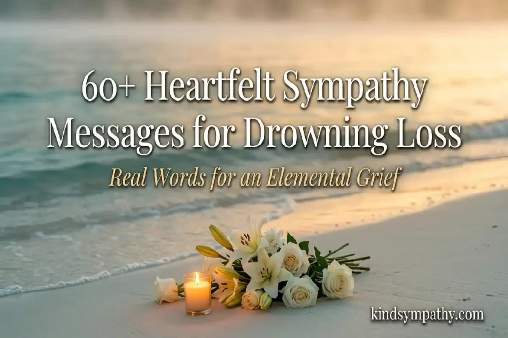 Heartfelt sympathy messages for drowning death — peaceful shoreline with white flowers and candlelight at golden hour — kindsympathy.com