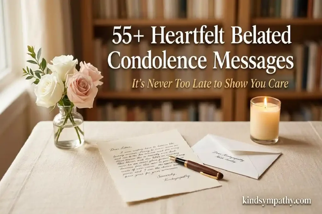 Heartfelt belated condolence messages — warm writing desk with letter, white roses, and candlelight — it's never too late to reach out — kindsympathy.com