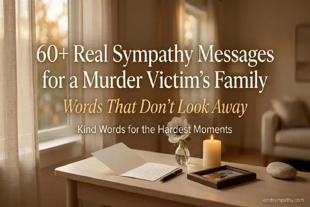 Sympathy messages for murder victim family — open sympathy card with white flower and candlelight representing honest presence and witness in the face of violent grief, kindsympathy.com