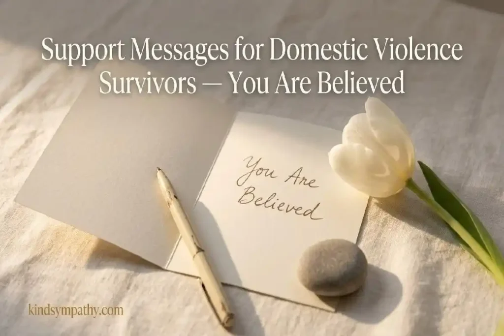 "Handwritten card with white tulip and smooth stone on ivory linen surface representing heartfelt support messages for domestic violence survivors"
