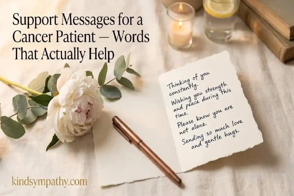 "Handwritten card with white peony and pen on linen surface representing heartfelt support messages for a cancer patient"