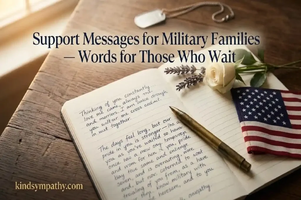 "Handwritten letter with folded American flag and white rose on oak table representing heartfelt support messages for military families during deployment"