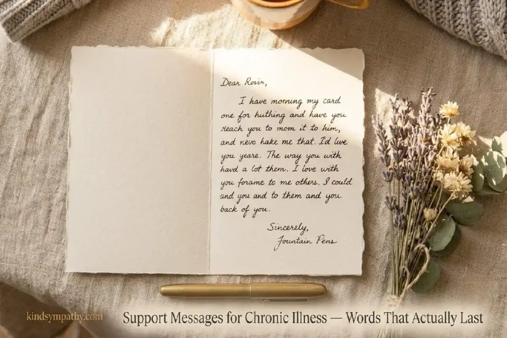 "Handwritten card with dried lavender and pen on warm linen surface representing heartfelt support messages for chronic illness"