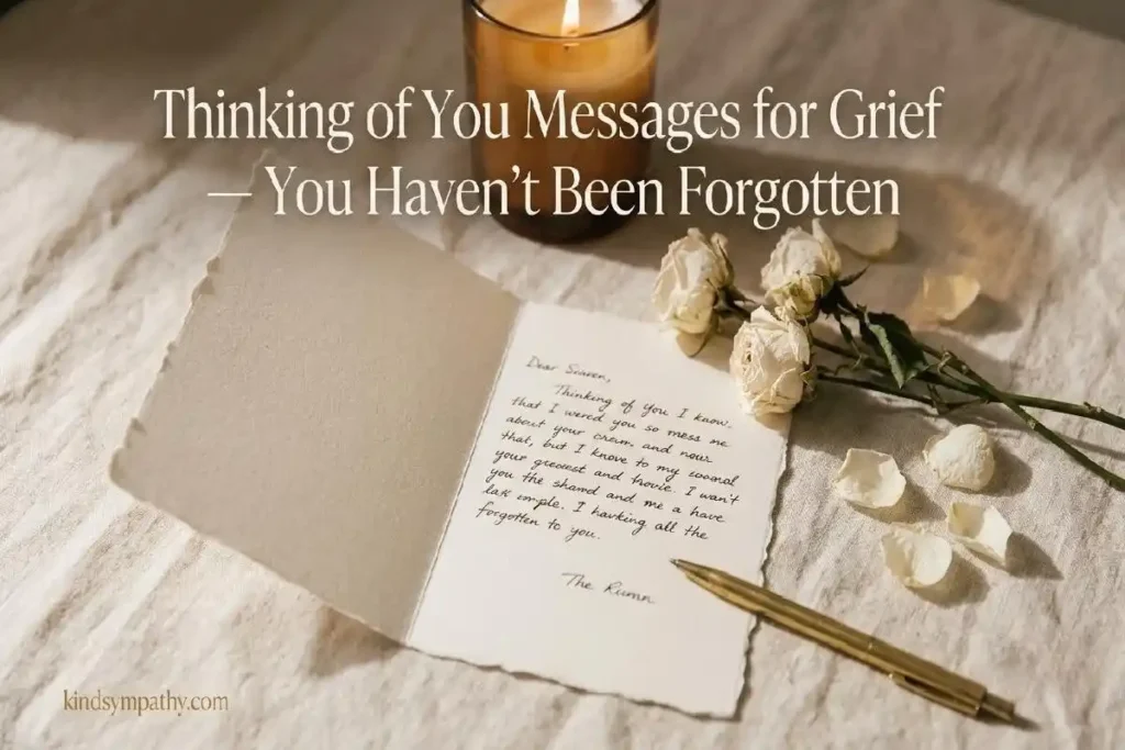 "Handwritten card with dried white roses and gold pen on cream linen representing thinking of you messages for grief"