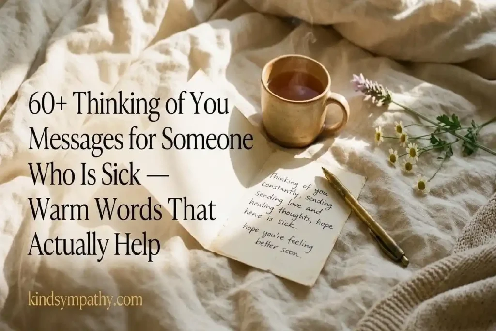 "Handwritten card with tea mug and chamomile flowers on cream linen representing thinking of you messages for illness"