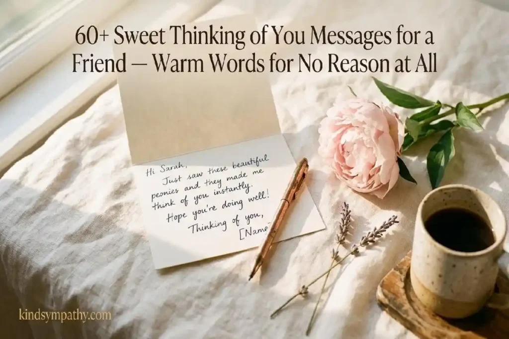 "Handwritten note card with pink peony and pen on cream linen surface representing sweet thinking of you messages for a friend"