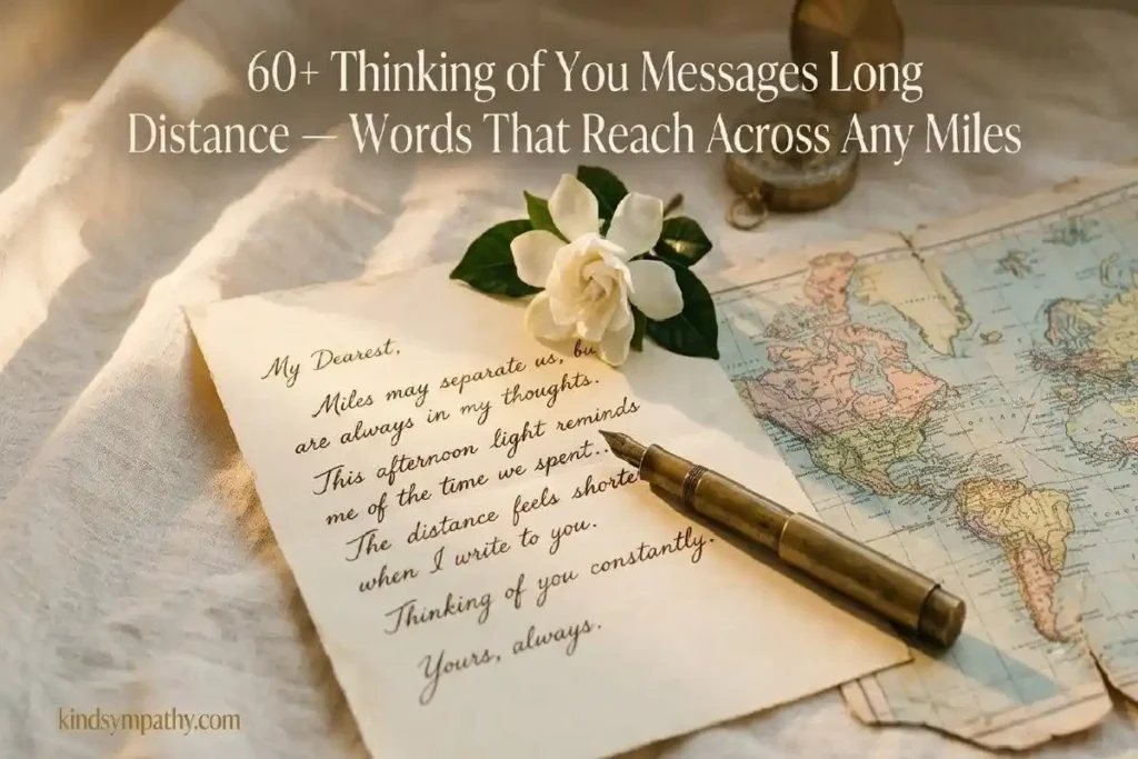 "Handwritten letter with white gardenia and compass on cream linen surface representing thinking of you messages for long distance relationships"