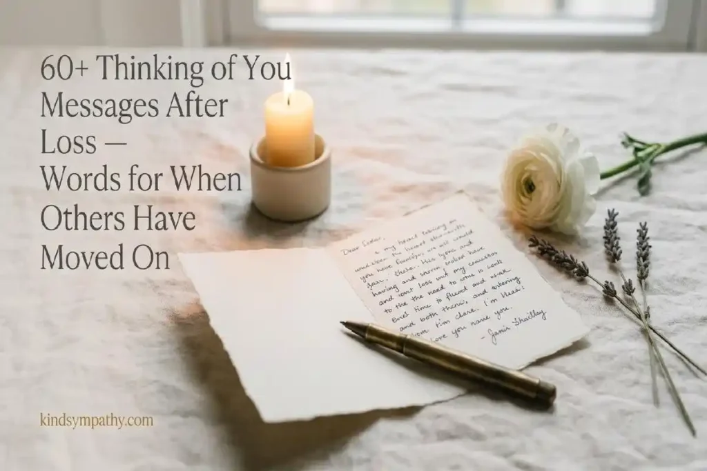"Handwritten card with white ranunculus and candle on cream linen surface representing thinking of you messages after loss and bereavement support"
