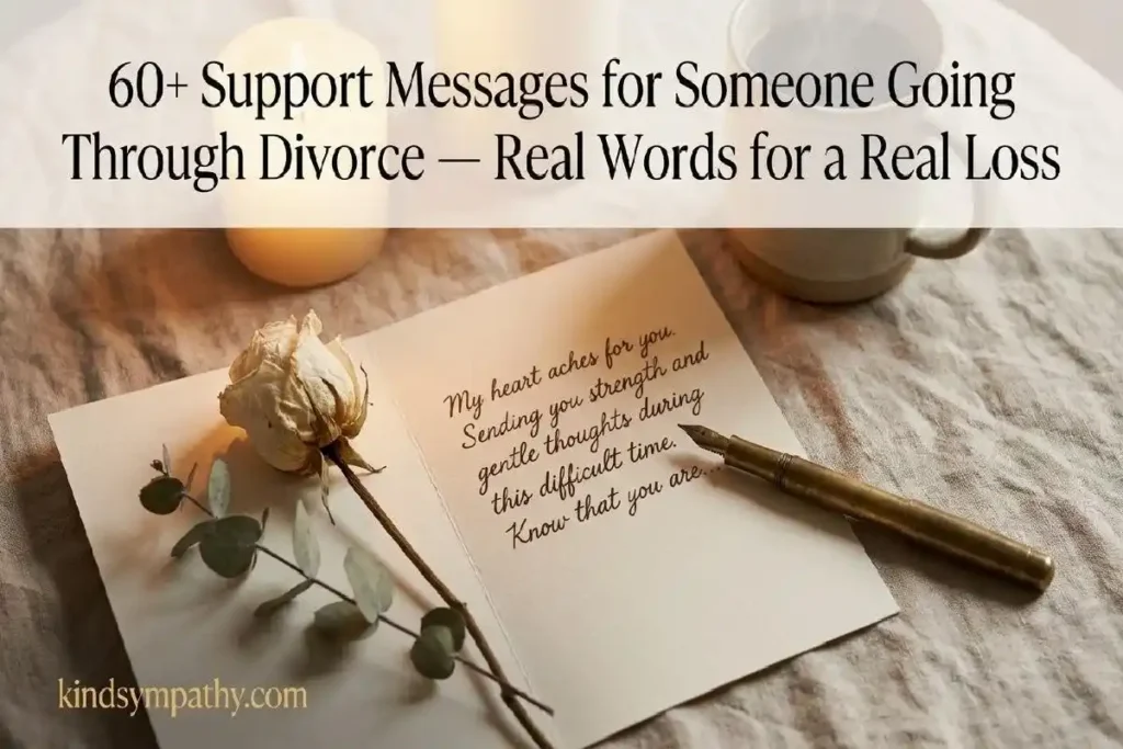 "Handwritten card with dried rose and pen on linen surface representing heartfelt support messages for someone going through divorce"