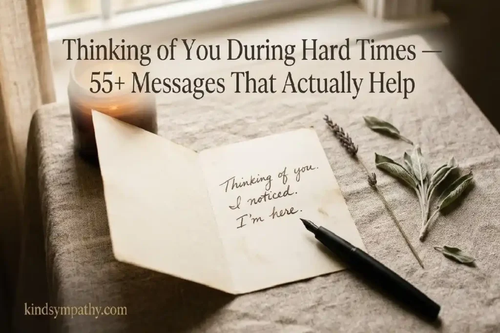 "Handwritten note with dried wildflower and pen on warm linen surface representing thinking of you during hard times messages"
