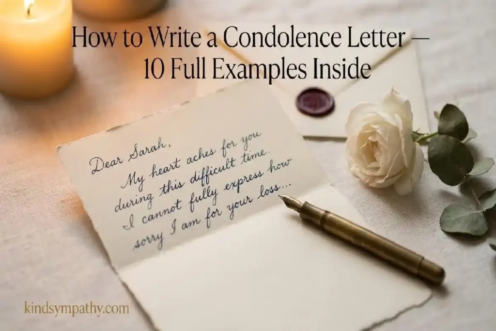 "Handwritten condolence letter with fountain pen and white rose on cream linen surface representing how to write a condolence letter"