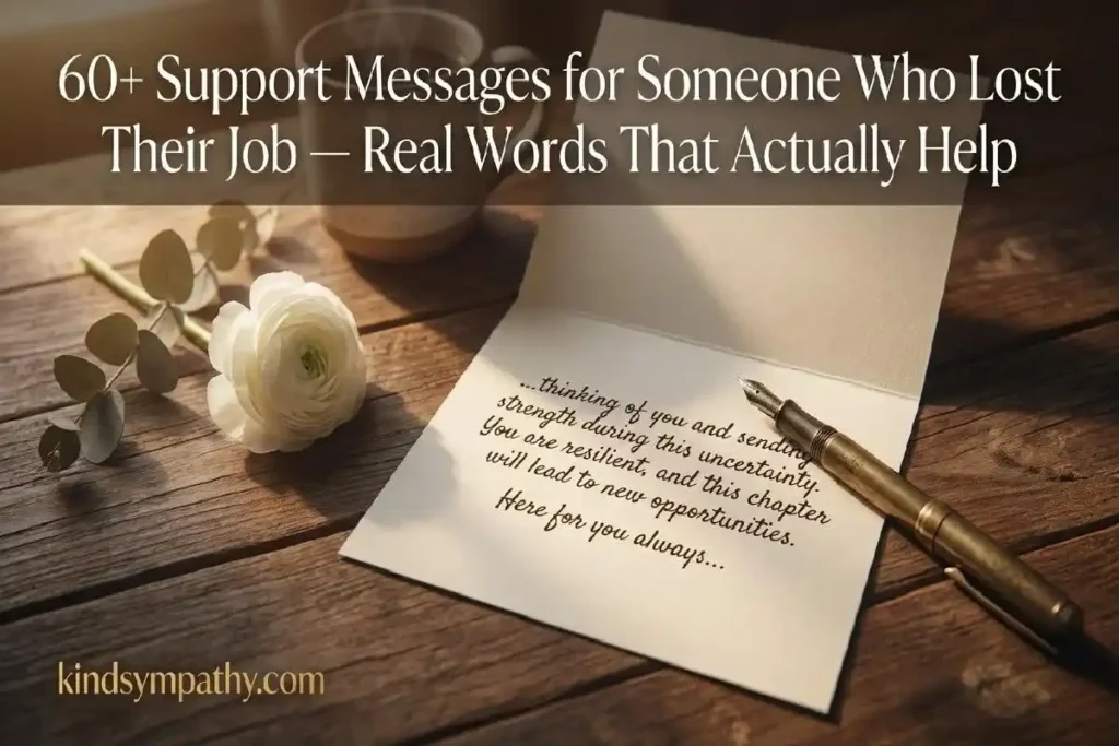 "Handwritten card with white ranunculus and fountain pen on walnut desk representing heartfelt support messages for job loss"