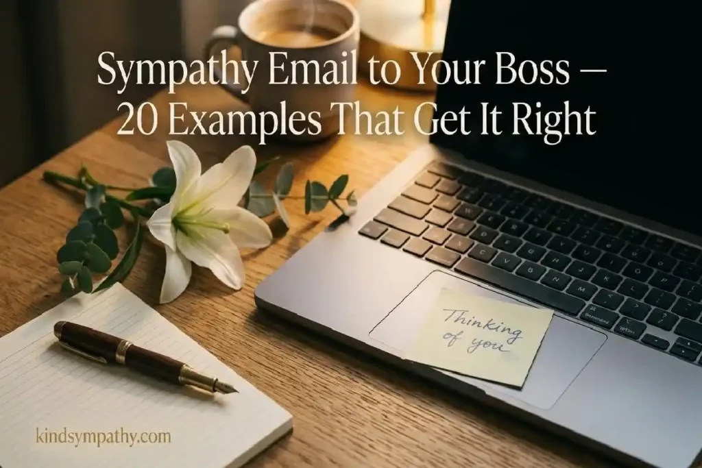 "Open laptop with handwritten thinking of you note and white lily on warm oak desk representing sympathy email to boss examples"