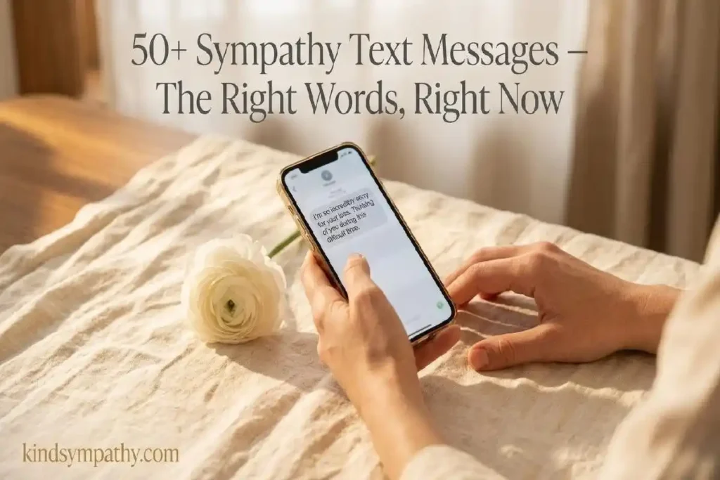 "Hands holding a glowing smartphone with white ranunculus flower on linen surface representing heartfelt sympathy text messages for loss"