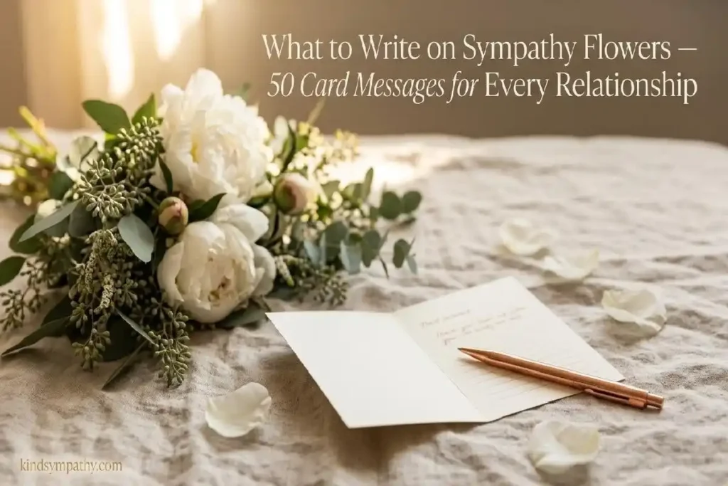 "Small cream florist card with copper pen beside white peonies on linen surface representing what to write on sympathy flowers card messages"