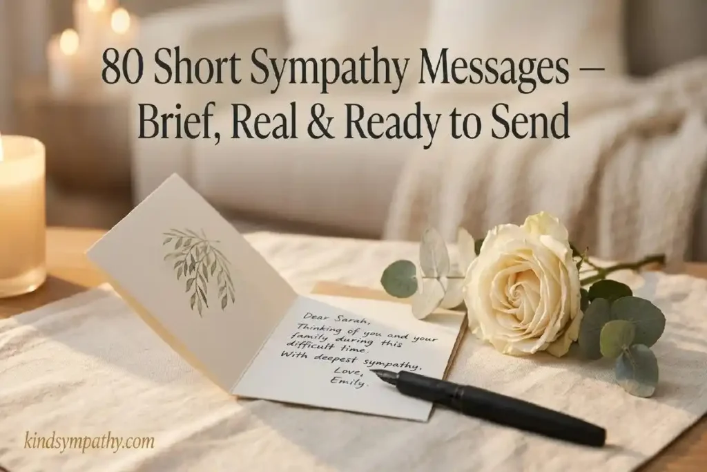 "Open sympathy card with white rose and pen on cream linen surface representing short sympathy messages brief and ready to send"