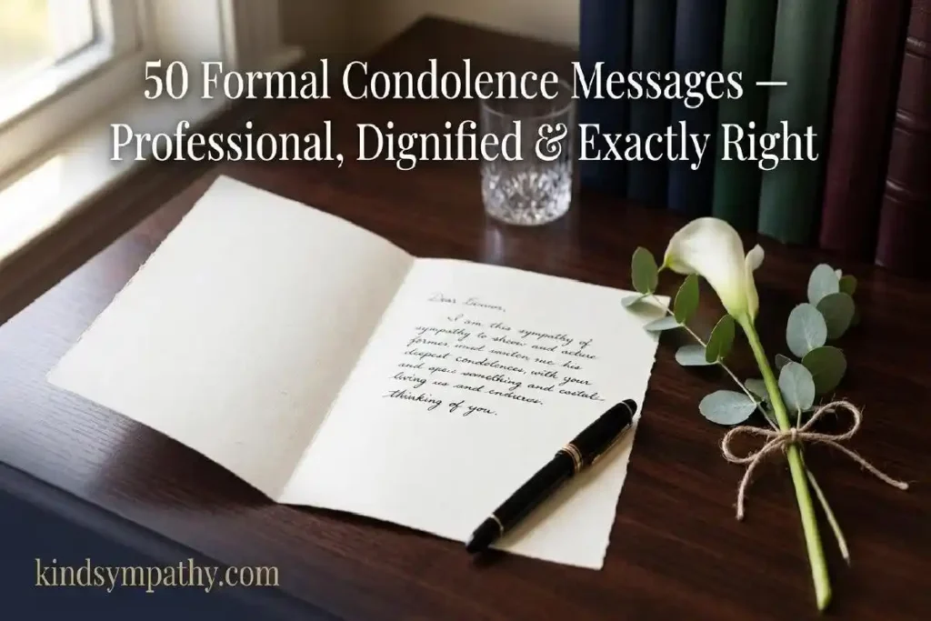 "Formal handwritten letter with fountain pen and white calla lily on mahogany desk representing professional and dignified formal condolence messages"
