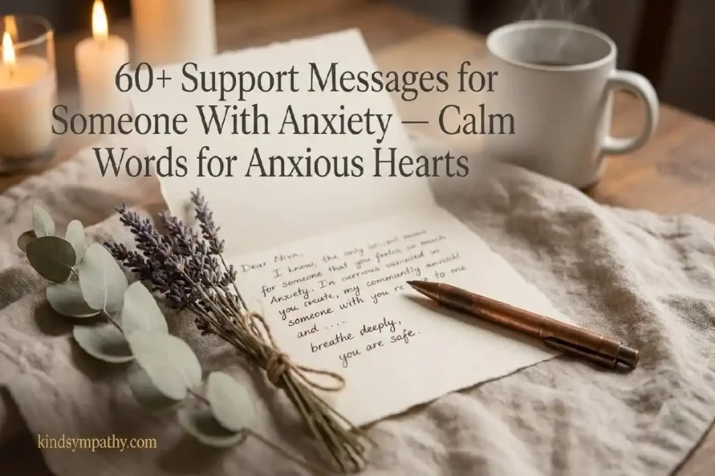 "Handwritten note with dried lavender and copper pen on cream linen surface representing calming support messages for anxiety"