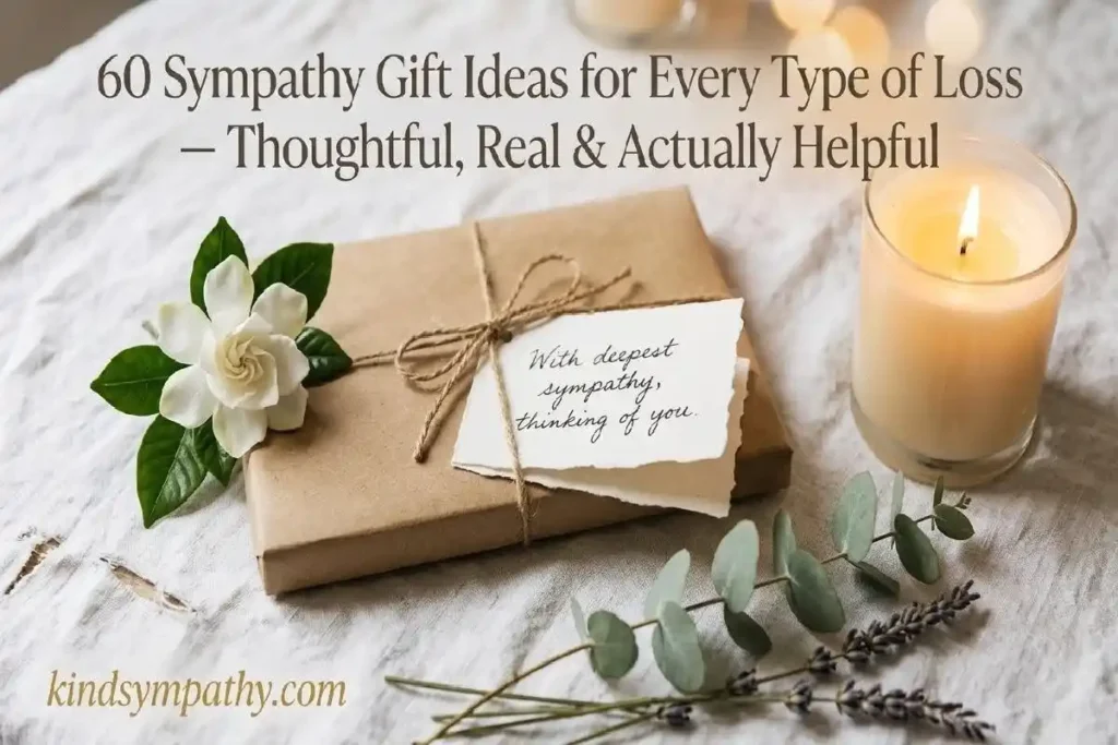 "Handwritten card, wrapped parcel, white gardenia and candle on linen surface representing thoughtful sympathy gift ideas for every type of loss"