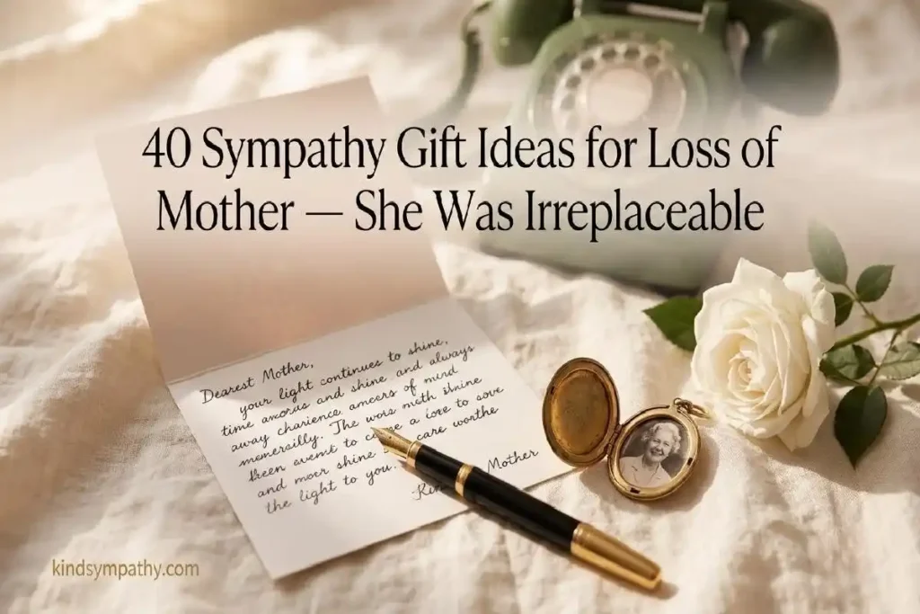 "Handwritten card, gold locket, white garden rose and pen on linen surface representing sympathy gift ideas for loss of mother"