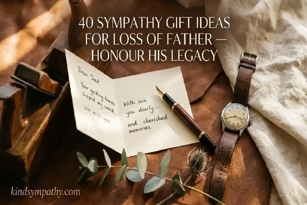 "Vintage wristwatch, handwritten card, fountain pen and woodworking plane on leather and linen surface representing sympathy gift ideas for loss of father"