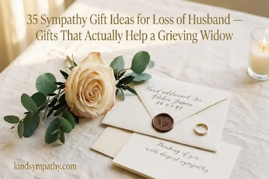 "Ivory rose, gold wedding band, and handwritten envelope on linen surface representing sympathy gift ideas for loss of husband"