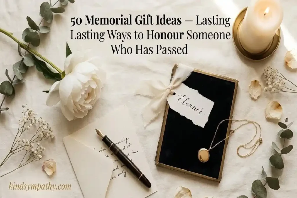 "White peony, framed photograph, gold necklace and candle on linen surface representing lasting memorial gift ideas to honour someone who has passed"