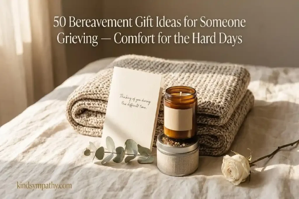"Flatlay of bereavement gift ideas including weighted blanket, herbal tea, candle and handwritten card on warm linen surface"