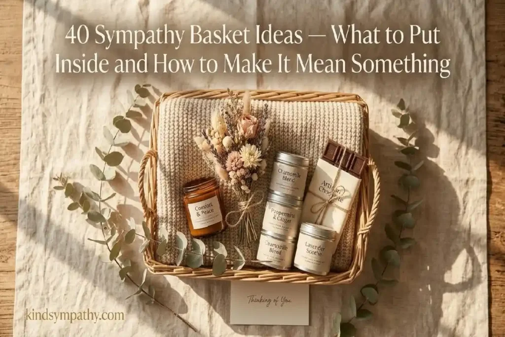 "Wicker sympathy basket ideas filled with throw blanket, herbal teas, candle and handwritten card on warm cream linen surface"
