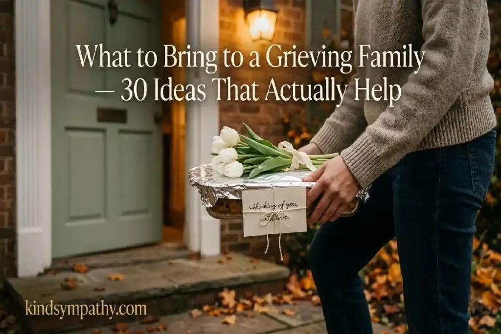 "Person holding casserole dish with handwritten note and white tulips at front door representing what to bring to a grieving family"