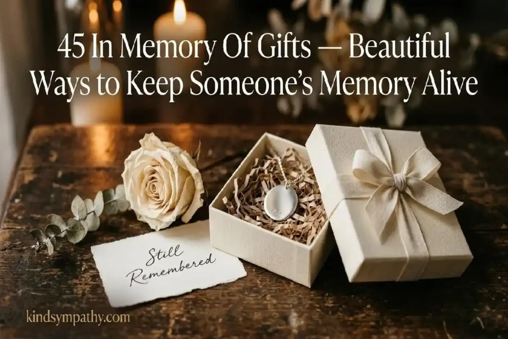 "Elegant memorial gift box with silver pendant and handwritten card on wooden surface representing in memory of gifts and lasting remembrance keepsakes"