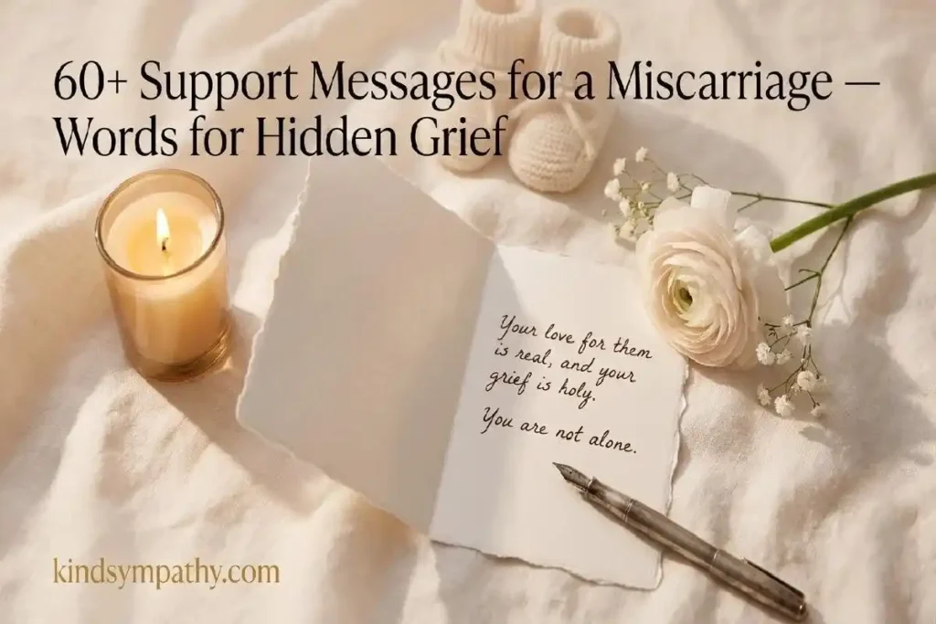 "Handwritten card with white ranunculus and silver pen on cream linen surface representing heartfelt support messages for miscarriage and pregnancy loss"
