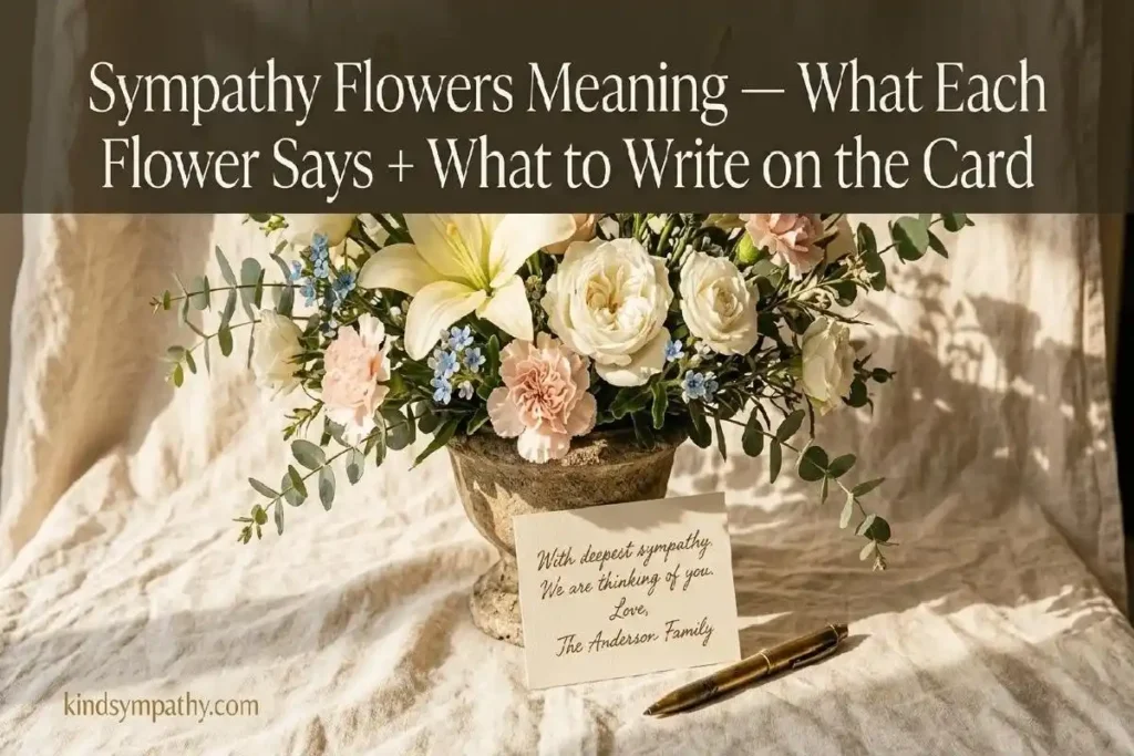 "White lilies roses and forget-me-nots in stone vase with handwritten florist card representing sympathy flowers meaning guide"