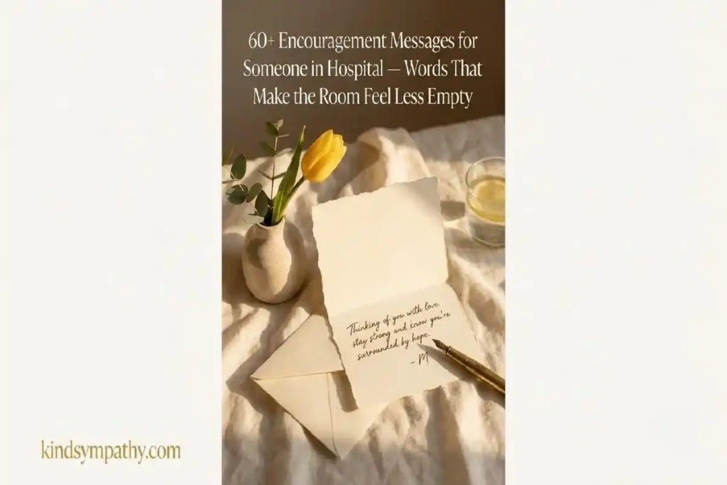 "Handwritten card with yellow tulip and gold pen on cream linen surface representing heartfelt encouragement messages for someone in hospital"