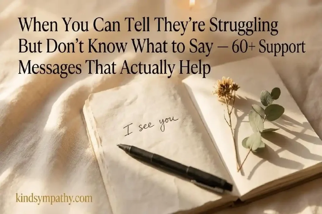 "Handwritten note with wildflower and pen on warm linen surface representing genuine support messages for someone struggling"