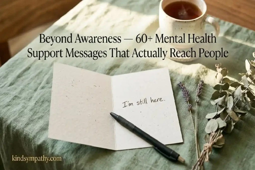 "Handwritten card with lavender sprig and pen on sage linen surface representing meaningful support messages for mental health awareness"