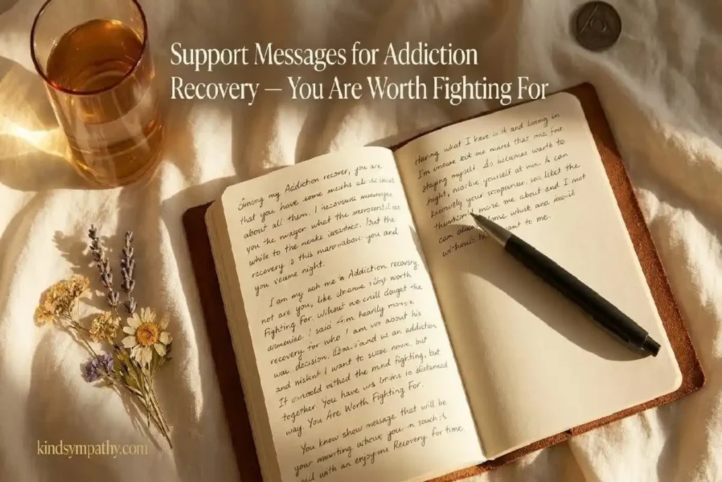 "Open handwritten journal with dried wildflowers and pen on linen surface representing heartfelt support messages for addiction recovery"