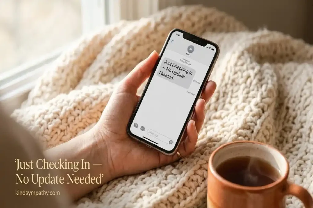 "Hand holding phone with short support text message on warm knit blanket representing chronic illness check-in messages"
