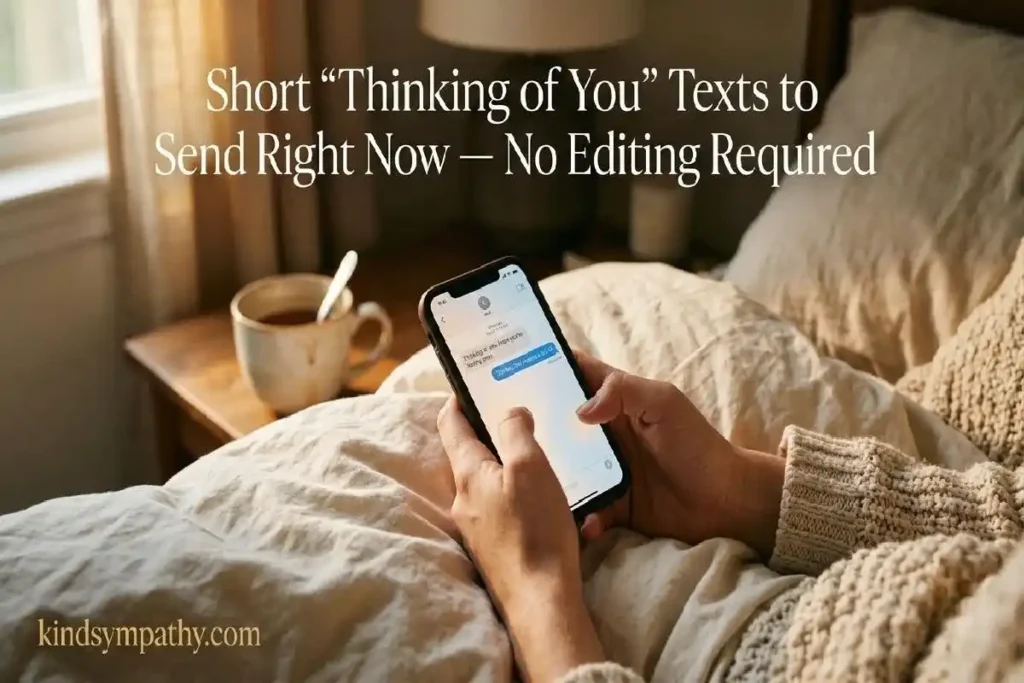 "Hands holding a glowing phone on cream duvet representing short thinking of you illness texts for a sick friend"
