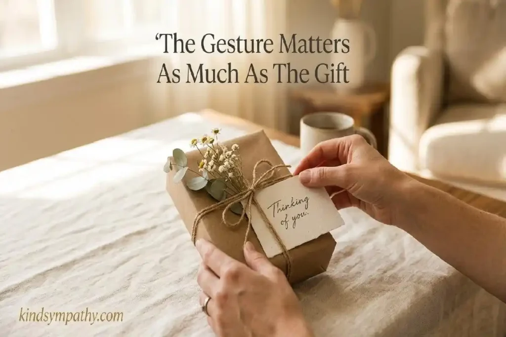 "Hands placing a handwritten card on a wrapped sympathy gift parcel on linen surface representing thoughtful condolence gift giving"
