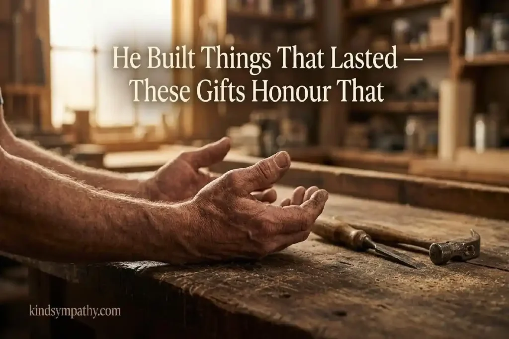 "Weathered man's hands resting on wooden workbench beside hand tools representing the legacy and strength honoured by sympathy gifts for loss of father"
