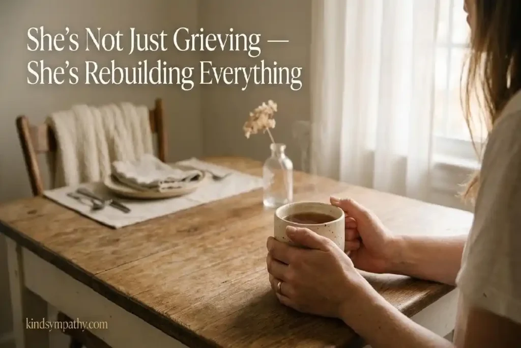"Woman's hands holding tea mug at kitchen table set for two representing widow grief and rebuilding life after loss of husband"
