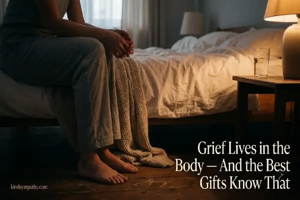 "Person sitting at edge of bed in dim light representing the physical exhaustion of grief and the need for bereavement comfort gifts"