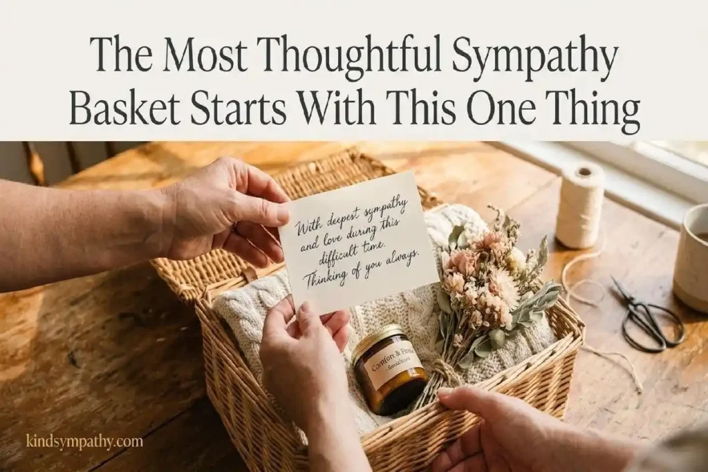 "Hands placing handwritten card into wicker sympathy basket ideas with blanket and dried flowers on wooden table"