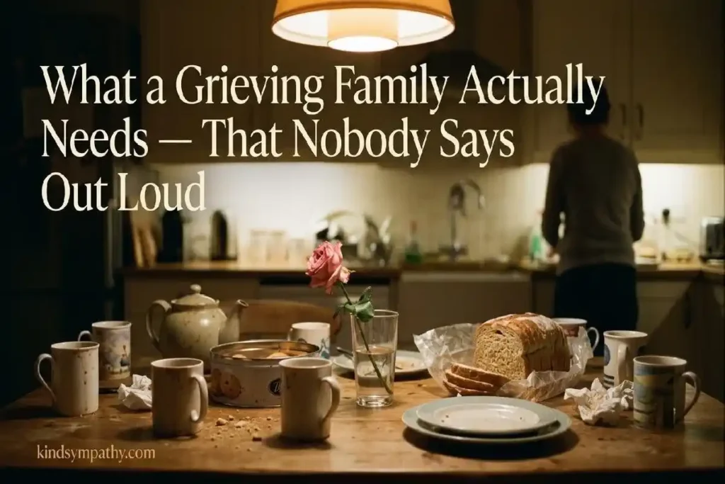"Busy cluttered kitchen table with mugs teapot and bread representing the practical everyday needs of a grieving family after loss"
