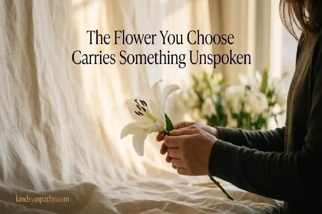 "Hands gently holding a single white lily representing the meaning of sympathy flowers and choosing condolence flowers with intention"
