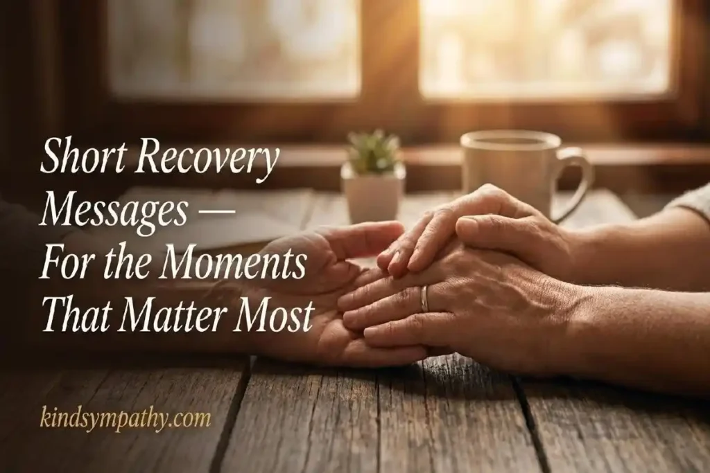 "Two hands resting on a wooden table in a gesture of quiet support representing short addiction recovery encouragement messages"
