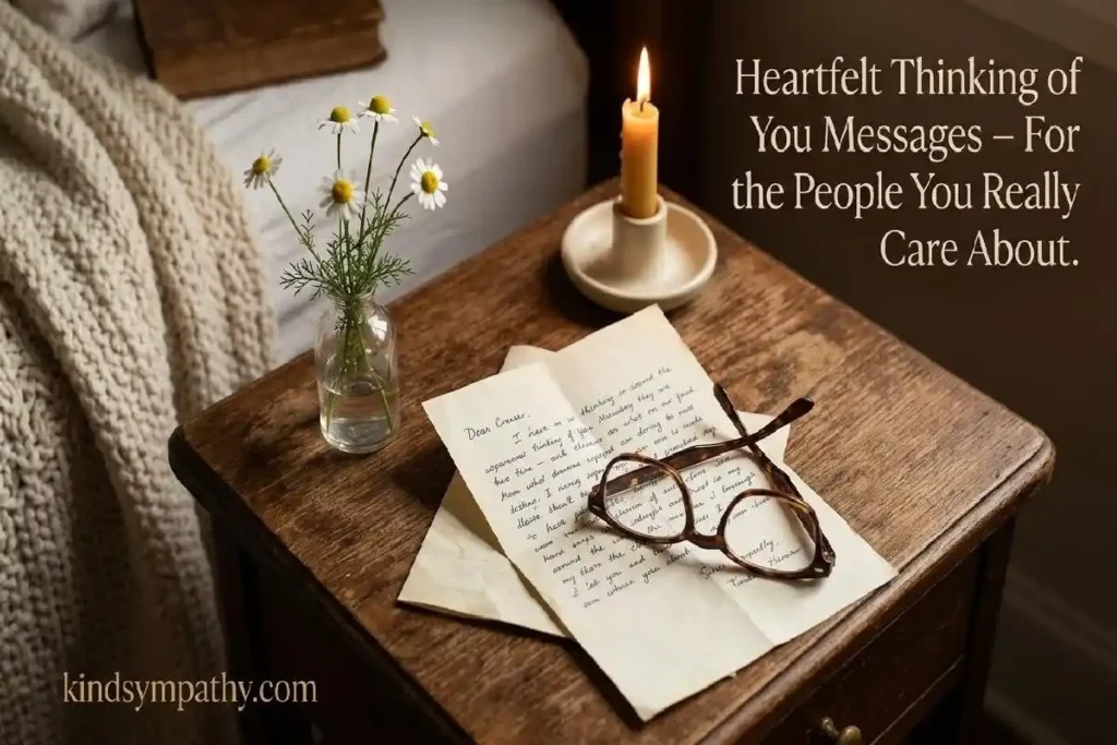 "Handwritten letter with chamomile flowers and candle on wooden bedside table representing heartfelt thinking of you illness messages"
