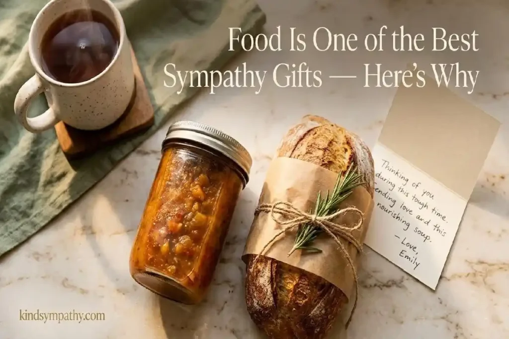 "Homemade soup, artisan bread and handwritten note as comforting food sympathy gift ideas for someone grieving a loss"
